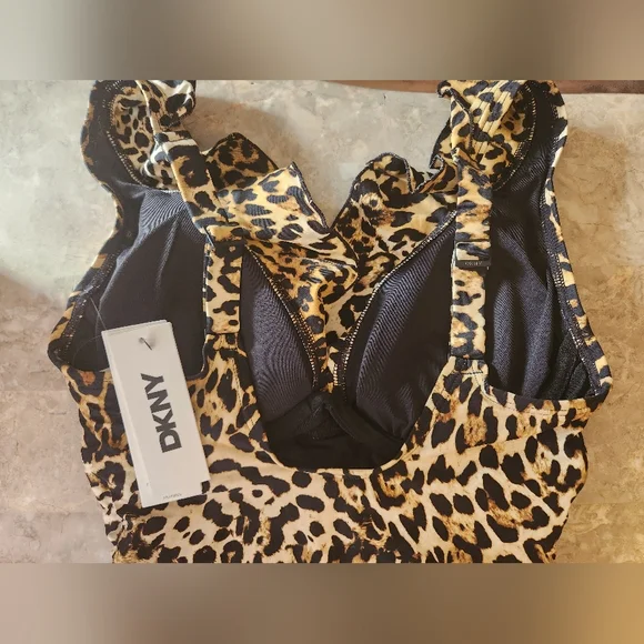 S M L XL DKNY Swim One Piece Ruffle V Neck Swimsuit Leopard - Picture 7 of 11